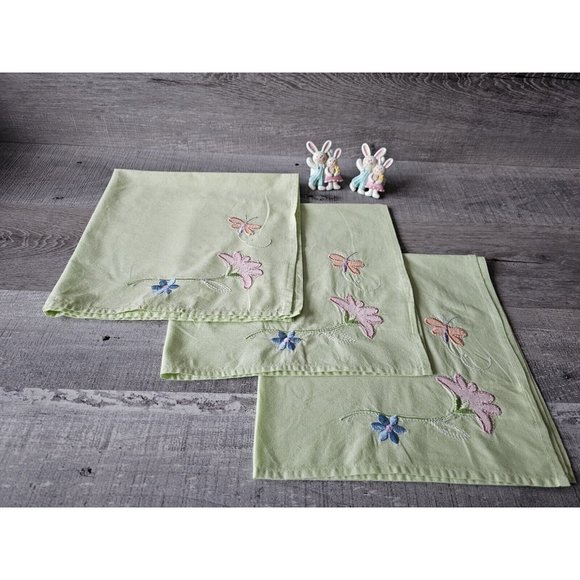Vtg EASTER Spring Cloth Napkins & Rings Bunny Flower Set Of 3 Square 20" 1990s - Picture 1 of 15